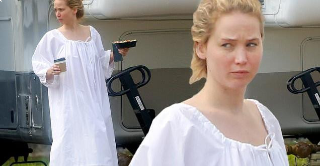 Jennifer Lawrence grabs breakfast while wearing NIGHTGOWN on set of film Red, White and Water