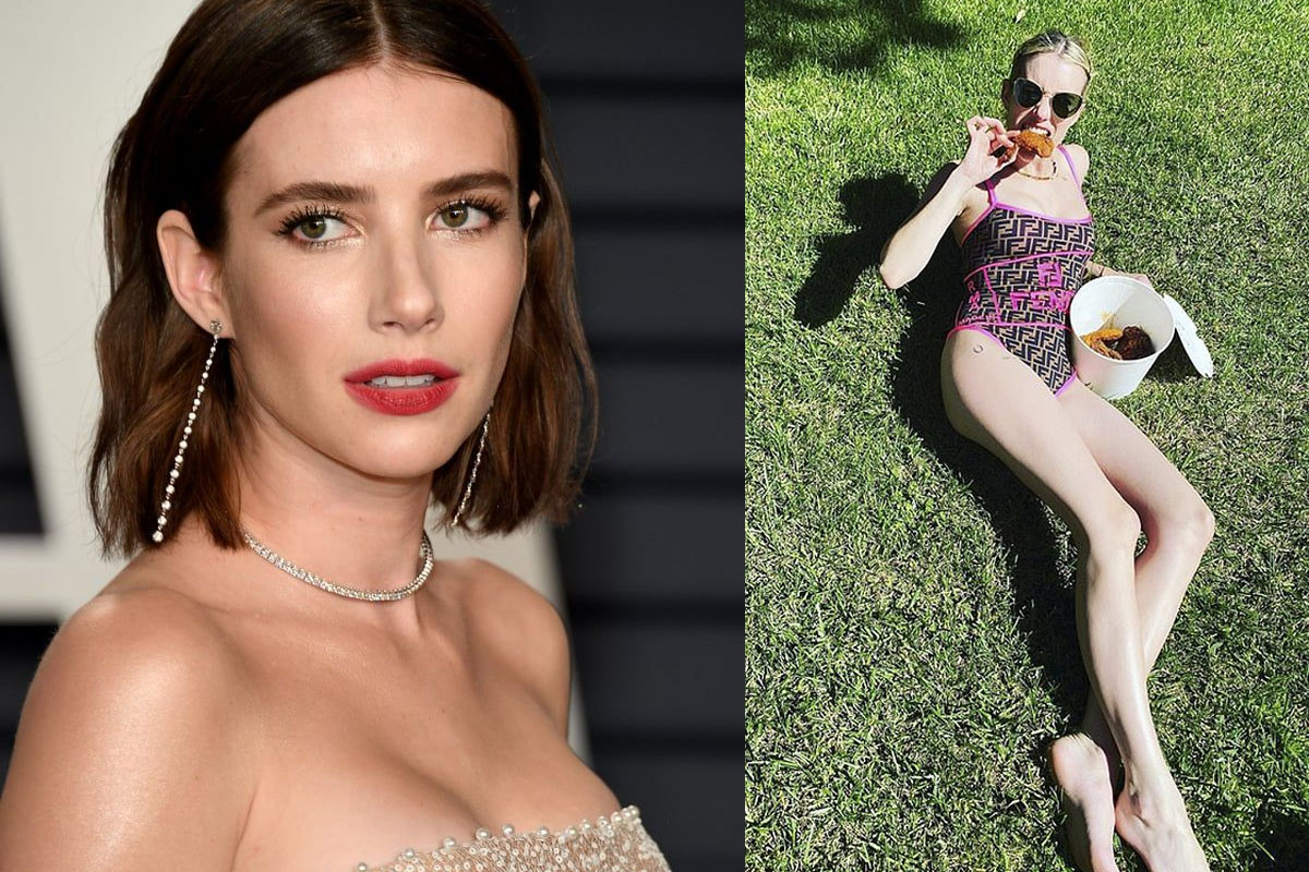 Emma Roberts chows down on fried chicken while showing off sizzling summer body