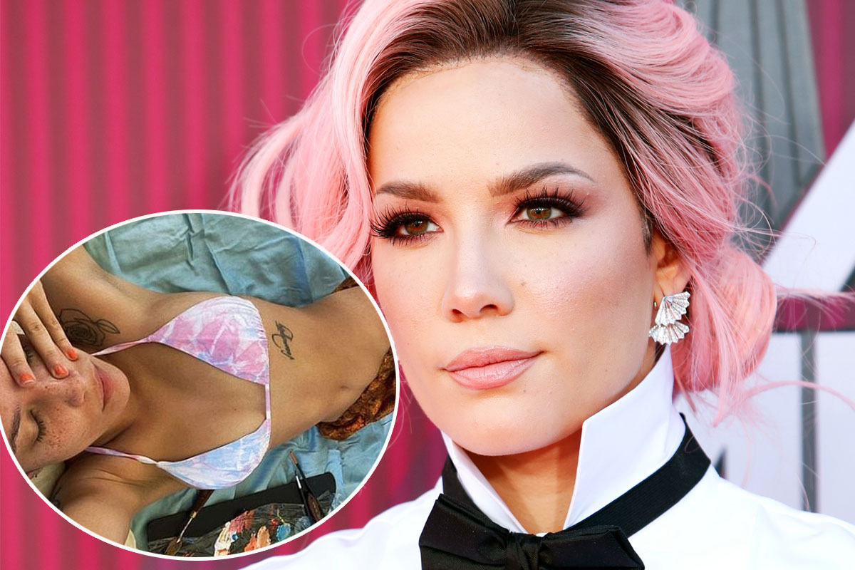 Halsey lays back and flaunts her curves in a tie dye bikini top