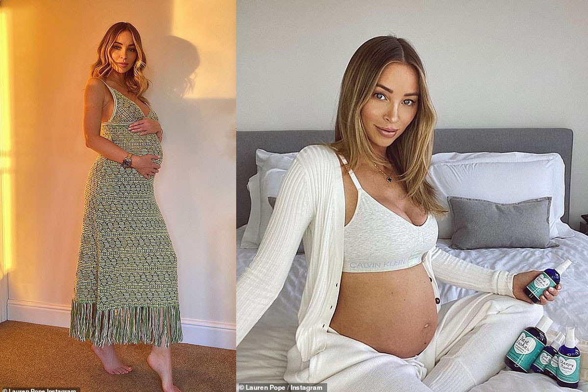 Pregnant Lauren Pope cradles her baby bump in low-cut knitted dress