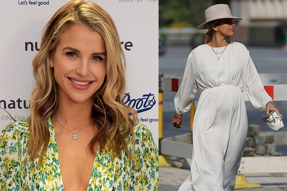 Pregnant Vogue Williams displays her growing baby bump in chic white dress paired