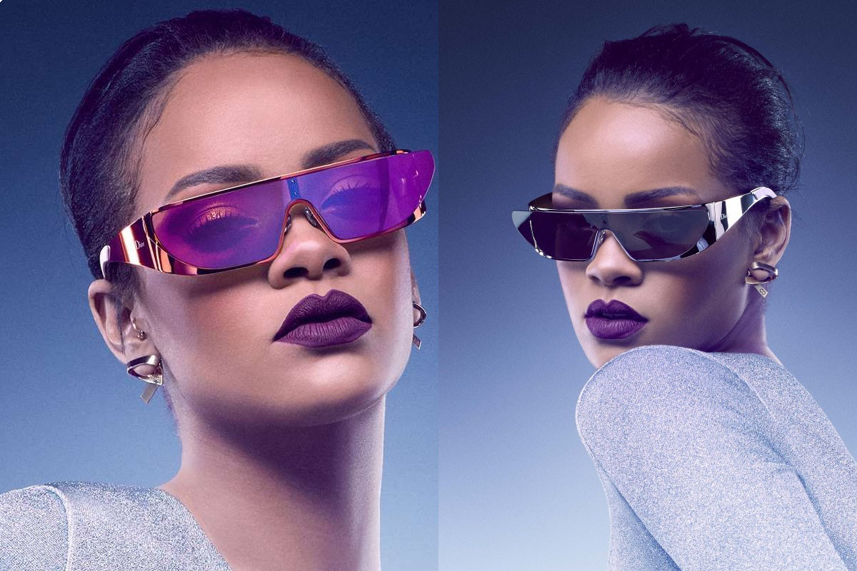 Rihanna advertises best as she models for electric green Fenty sunglasses