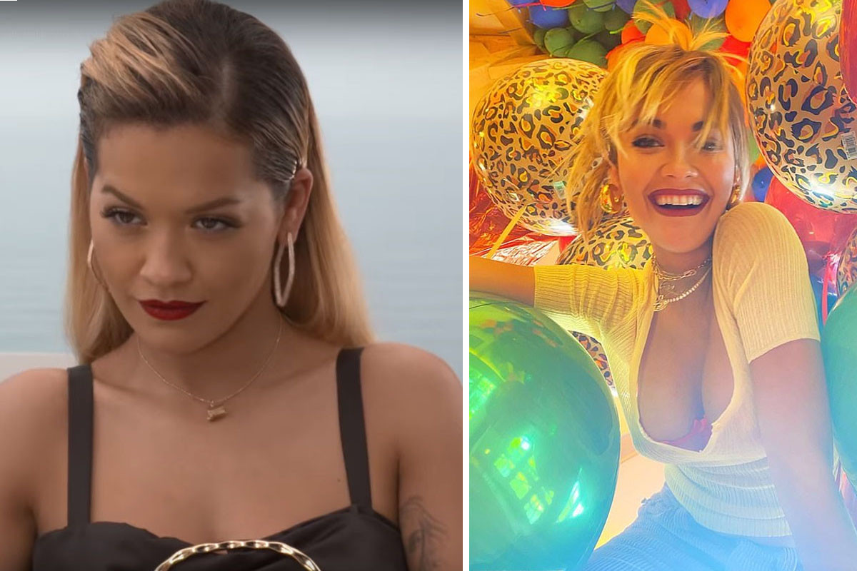 Rita Ora puts busty display in plunging top as she playfully poses amid dozens of party