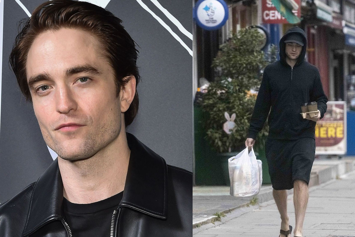 Robert Pattinson teams a hooded jumper with sandals as he picks up coffee and stocks up on groceries