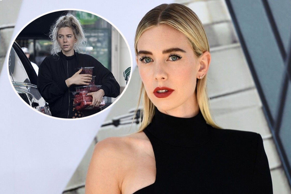 Vanessa Kirby looks stylish in a black jacket and floral-print trousers