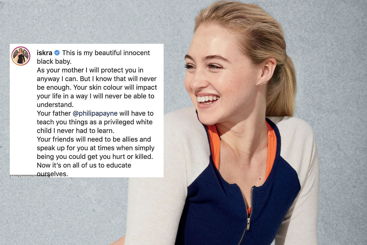 Iskra Lawrence vows to protect her newborn daughter from racial abuse in emotional post as she joins Black Lives Matter