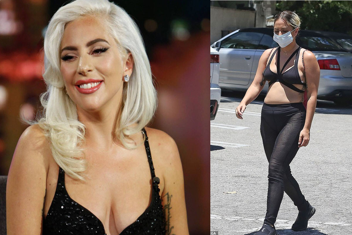 Lady Gaga masks up and holds hands with boyfriend Michael Polanksy as she wears strappy bra-top