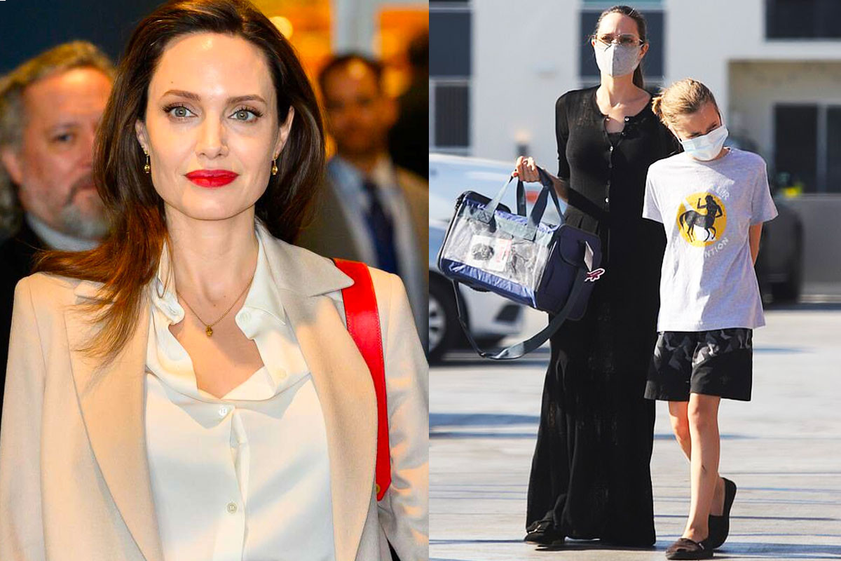 Angelina Jolie and Vivienne walking down Los Angeles in masks