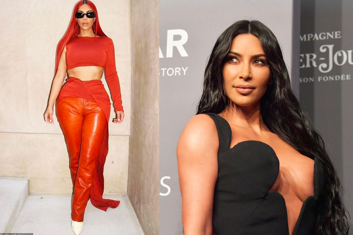 Kim Kardashian shows off toned body in red hair and matching clothes