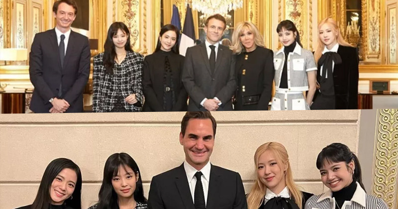 BLACKPINK Poses With French President Emmanuel Macron, First Lady Brigitte Macron, And Tennis Champion Roger Federer