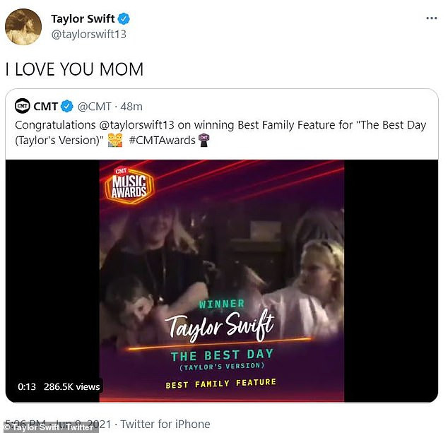 Overjoyed: 'I LOVE YOU MOM,' she gushed in all caps while quoting CMT's post about her win