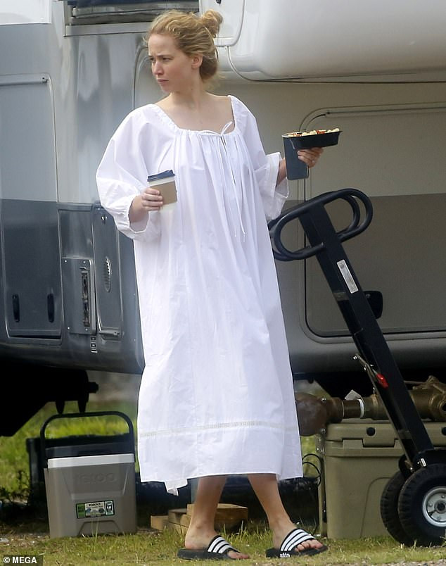 Glam: The Hunger Games star was seen heading to her trailer to begin hair and makeup preparations ahead of shooting