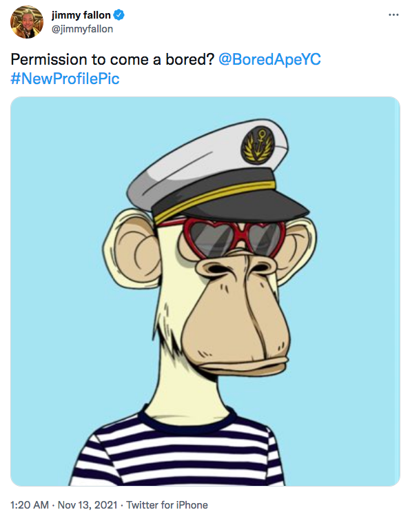 Jimmy Fallon's tweet about his Bored Ape purchase.